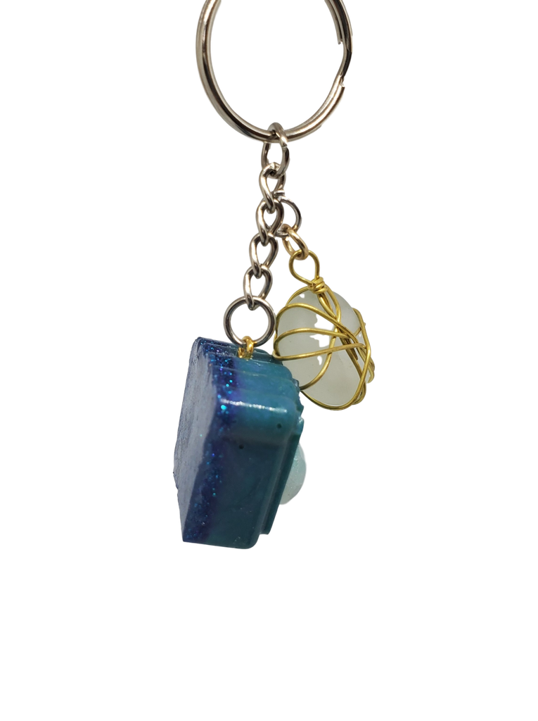 2-tone Teal and Blue Glitter Crown Keychain with Bead Charm