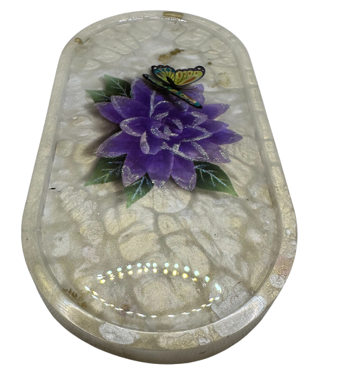 Stunning Cream Resin Trinket Tray with Gorgeous Flower & Butterfly