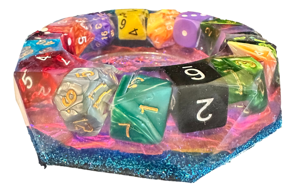 Diamond-cut Resin Ashtray - Iridescent with Colourful Dice 