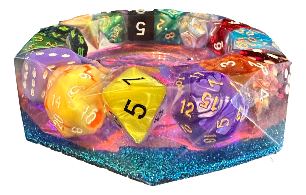 Diamond-cut Resin Ashtray - Iridescent with Colourful Dice 