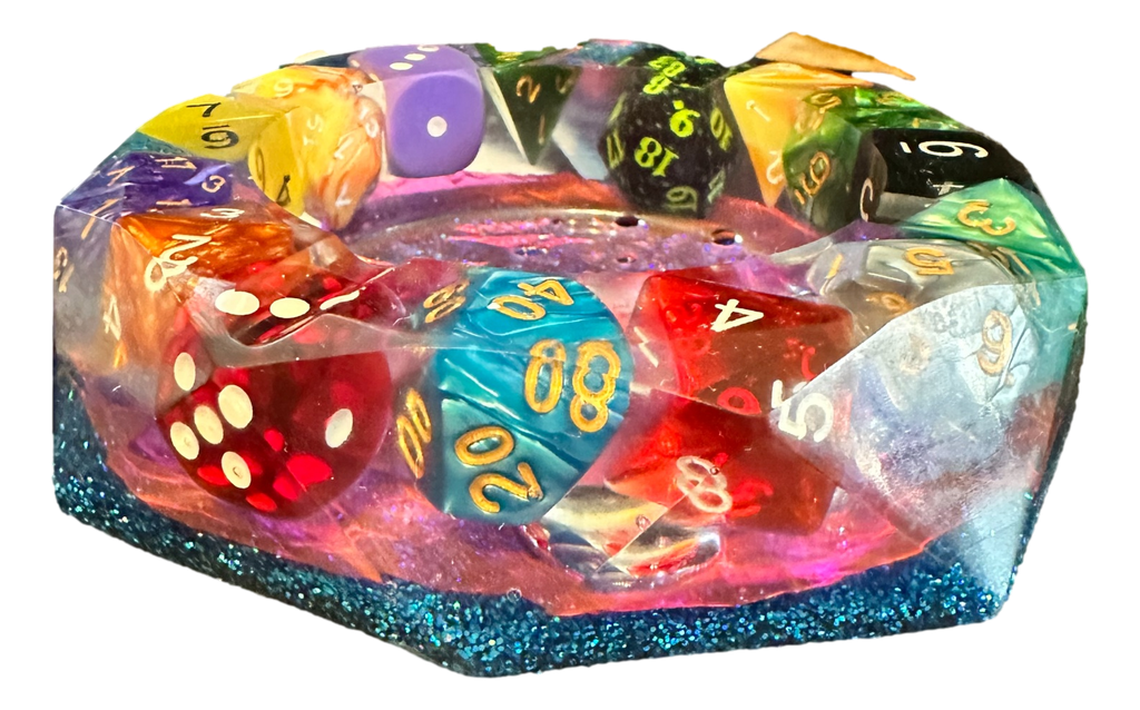 Diamond-cut Resin Ashtray - Iridescent with Colourful Dice 