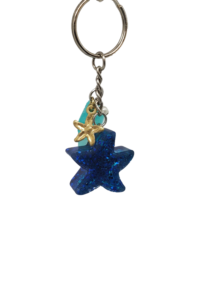 Deep Blue Glitter Starfish Keychain with Charms