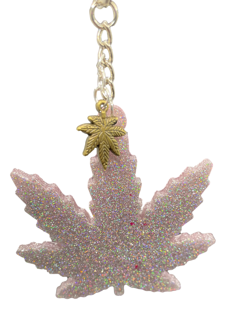 Deep Pink Glitter Pot Leaf Keychain