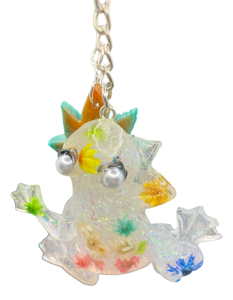 Iridescent Frog with Flowers and Pearl Eyes Keychain