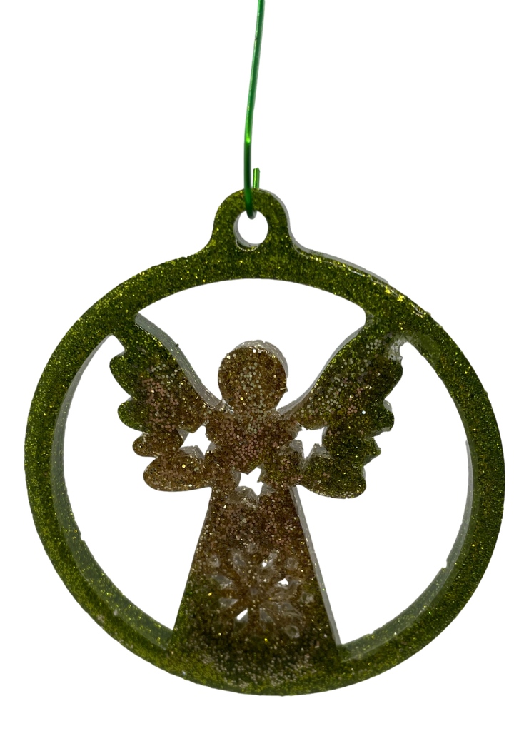 Golden Angel in Green Halo Tag Tree Ornament