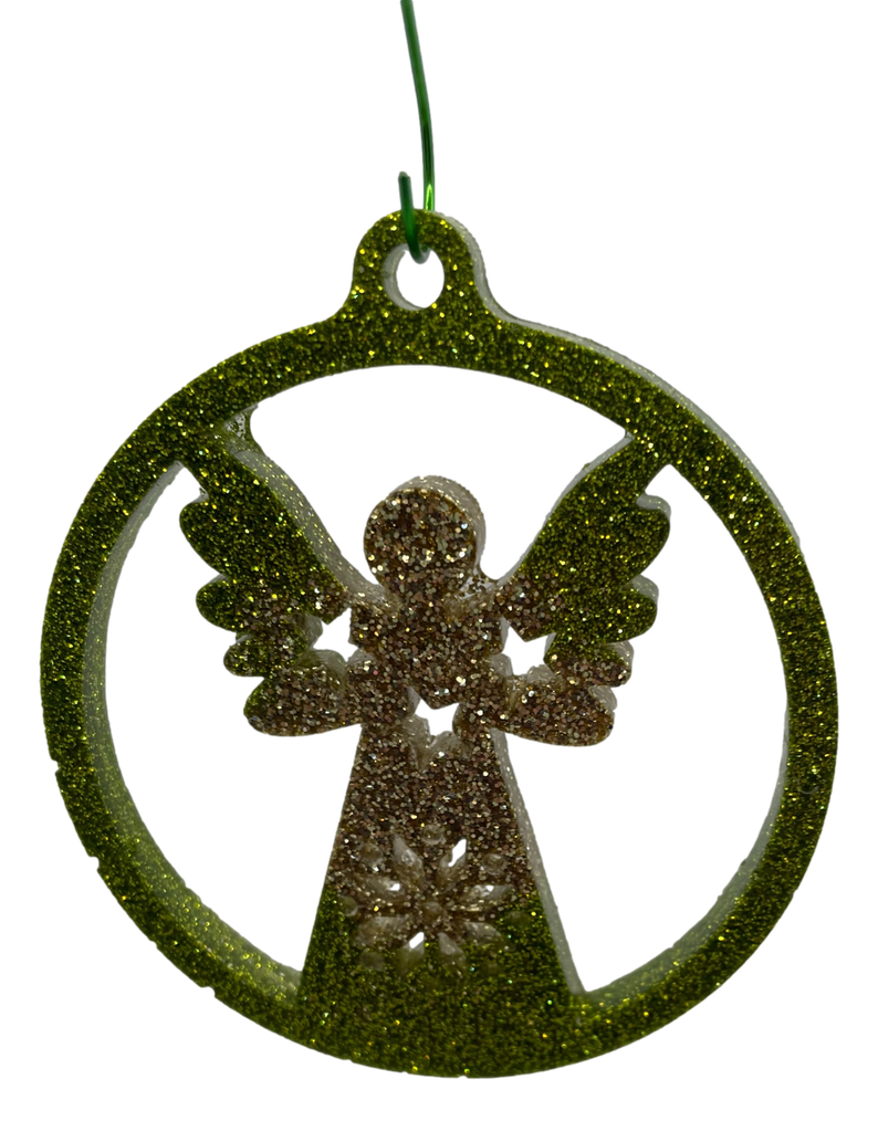 Golden Angel in Green Halo Tag Tree Ornament
