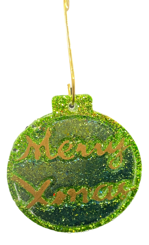 Green & Gold Merry Xmas Glitter Ball Ornament