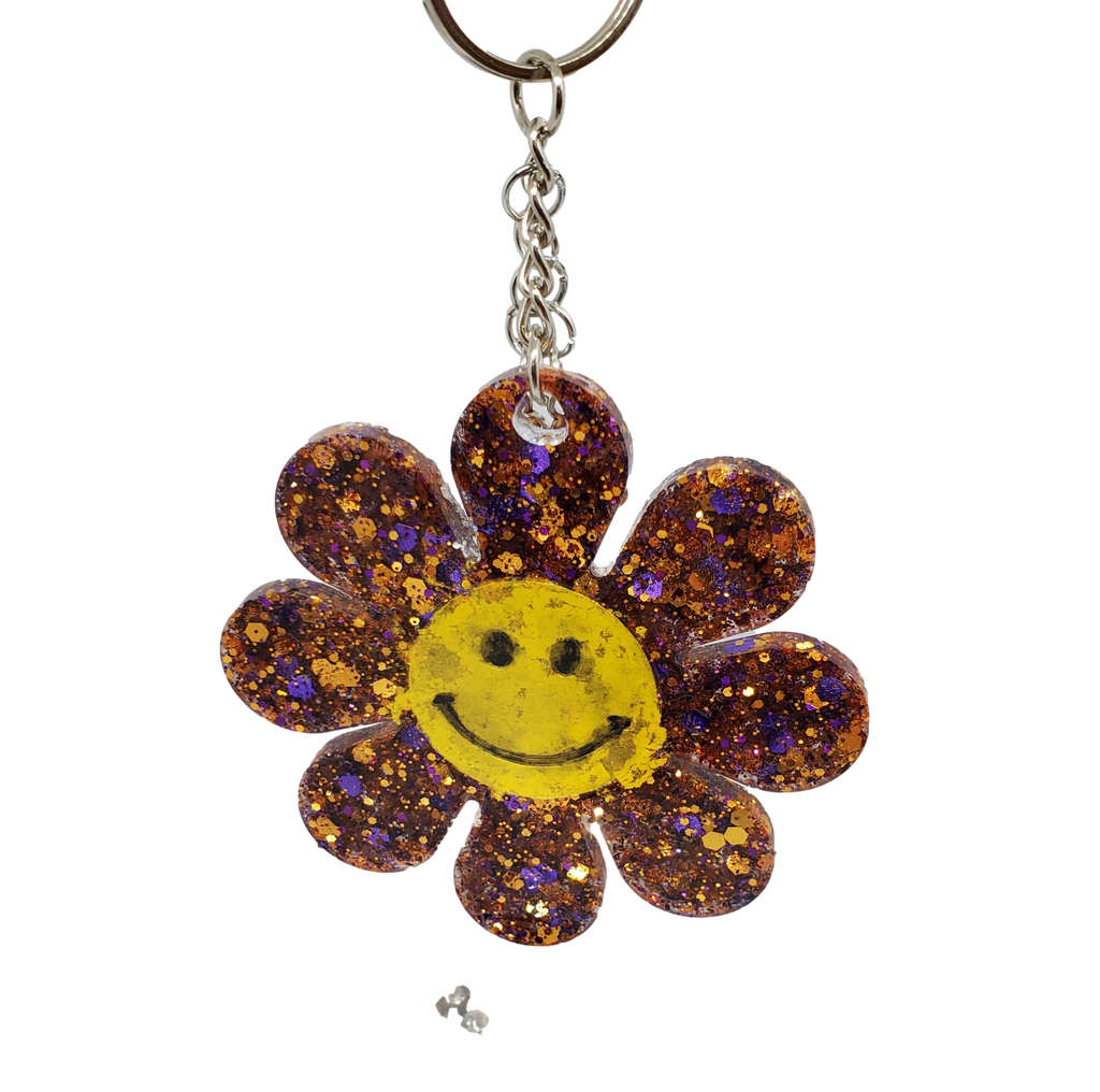 Glittery Happy Face Daisy Keychain