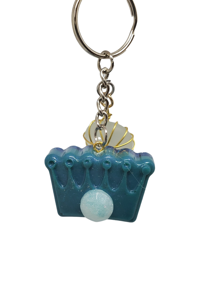 2-tone Teal and Blue Glitter Crown Keychain with Bead Charm