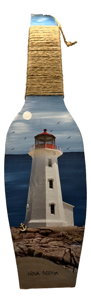 Handpainted Wooden Wine Bottle - Lighthouse