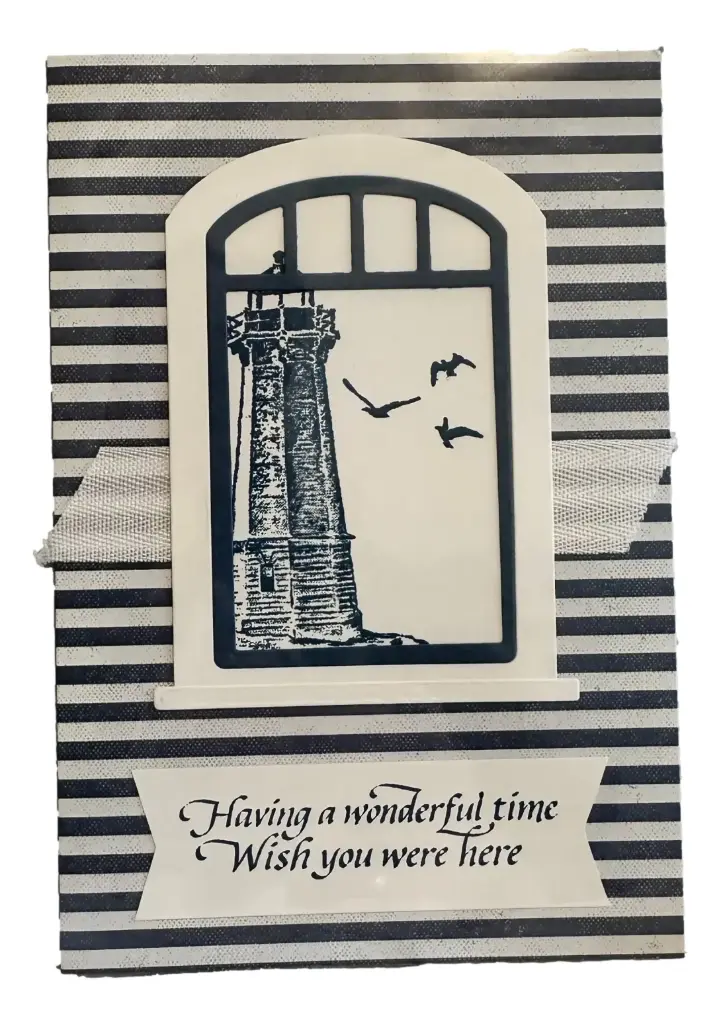 Handmade Note Card - Lighthouse - "Having a Wonderful Time, Wish You Were Here" - 6" x 4"