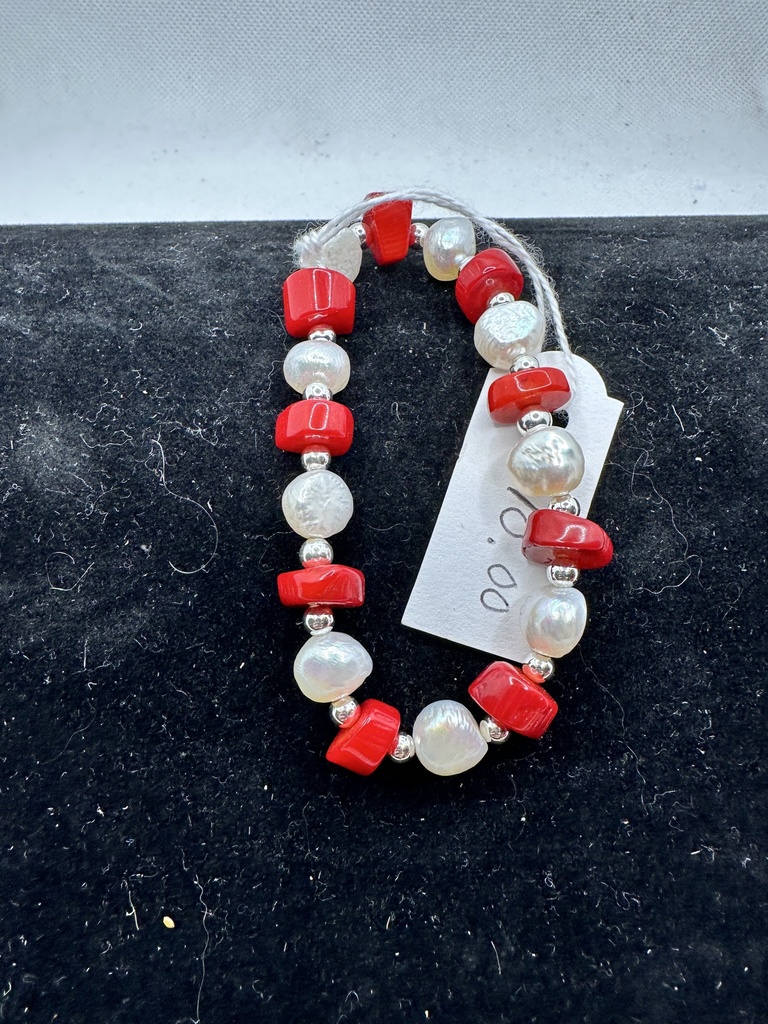 White Pearl & Red Coral Bracelet