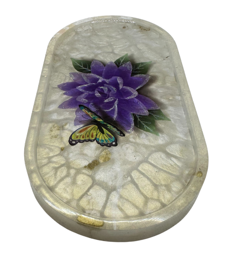 Stunning Cream Resin Trinket Tray with Gorgeous Flower & Butterfly
