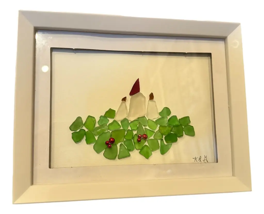Sea Glass Christmas Candles Glass Art 5" x 7"