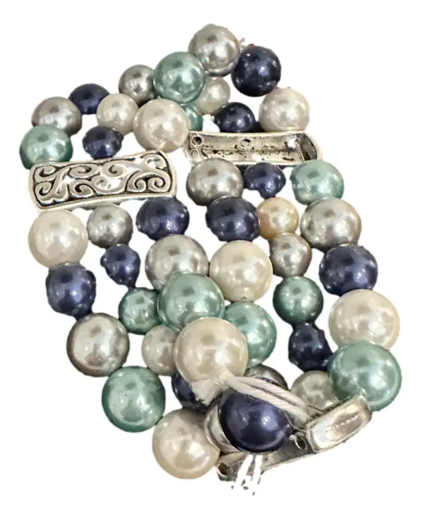 Triple Band of Blue, White and Silver/Blue Beaded Bracelet