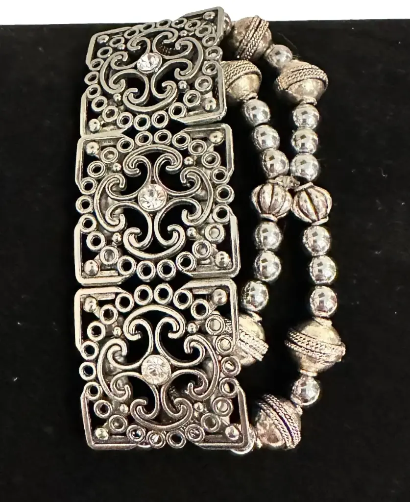 Double Band of Silver-tone Beads and Large Square Filigree Bracelet