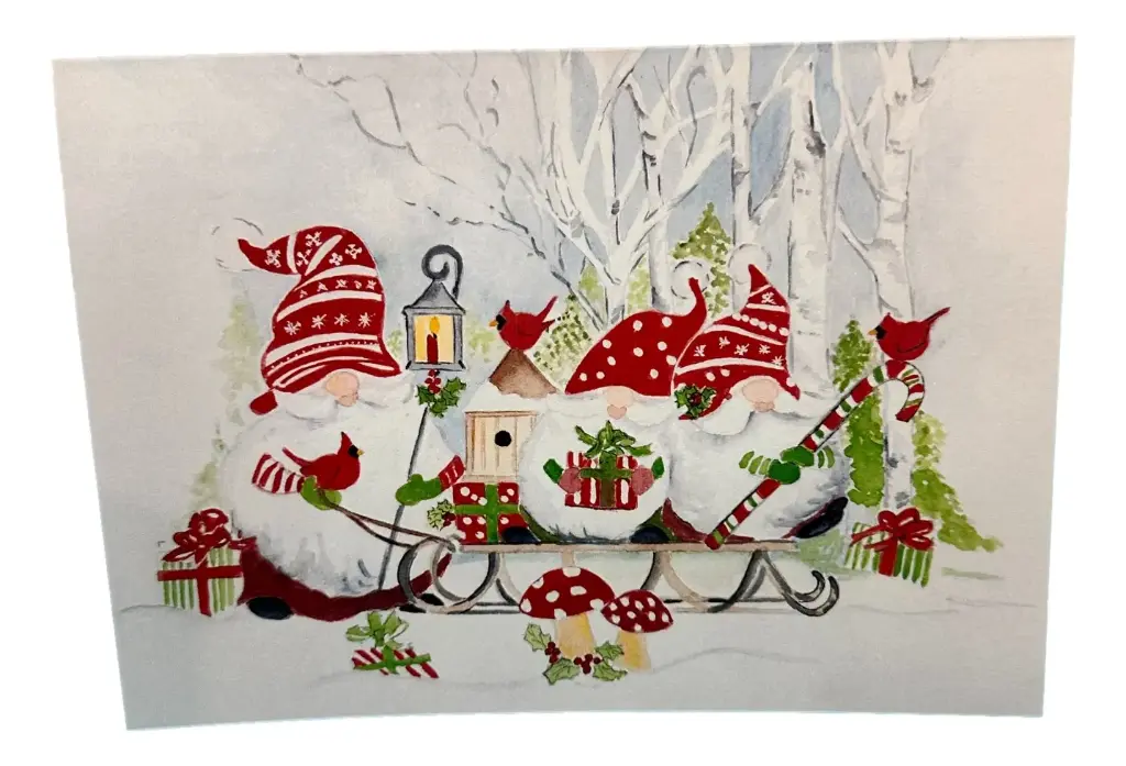 Hand-painted Gnome Santa and Gnome Elves Christmas Card - 7"x5" 