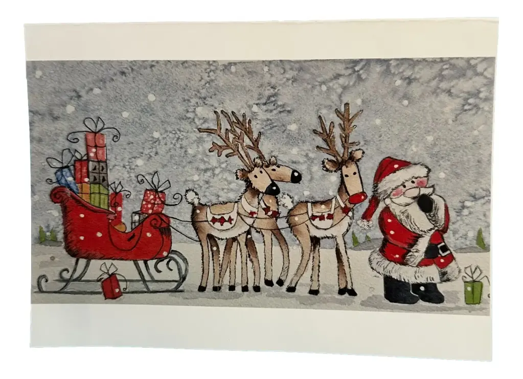 Hand-painted Santa and Reindeer Christmas Card - 7"x5"