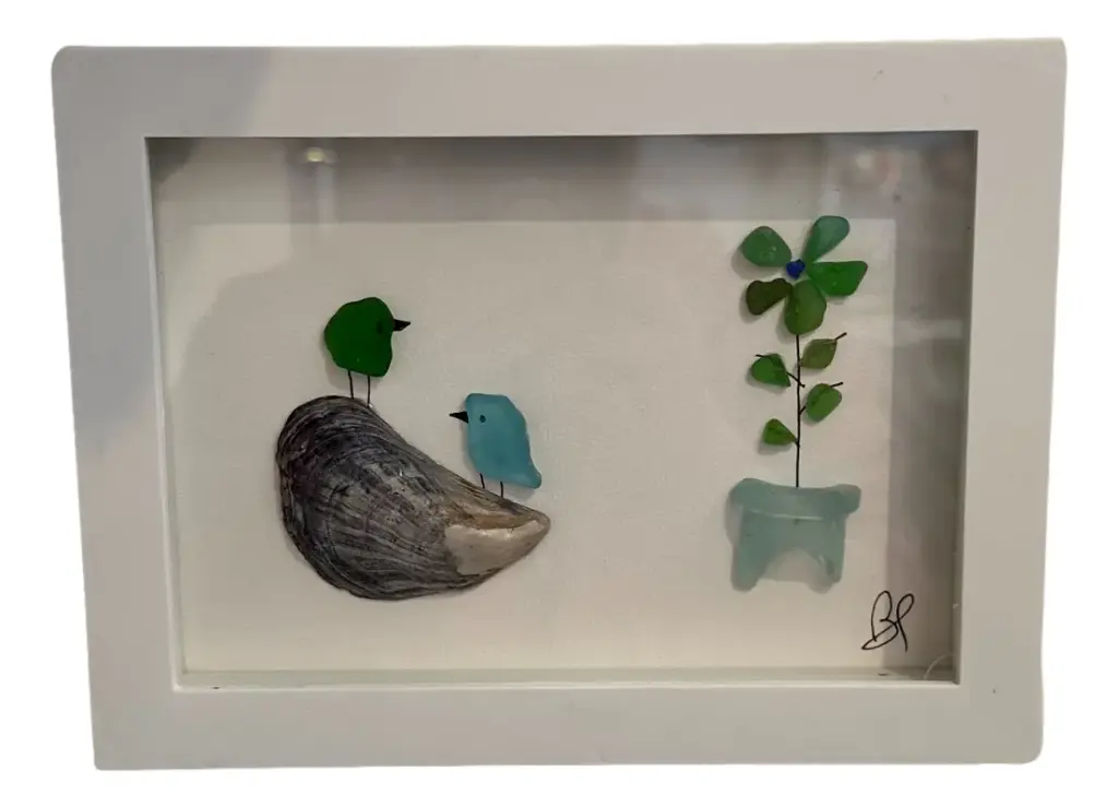 Framed Sea Shell & Plant of Sea Glass Picture