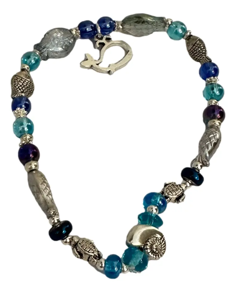 Blue & Silver-tone Shell Beaded Ankle Bracelet w/Whale Drop Charm   