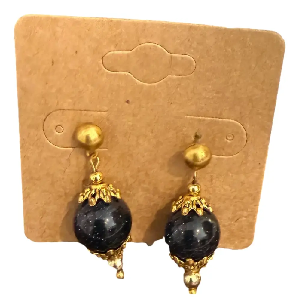Blue & Gold-tone Beaded Drop Earrings 