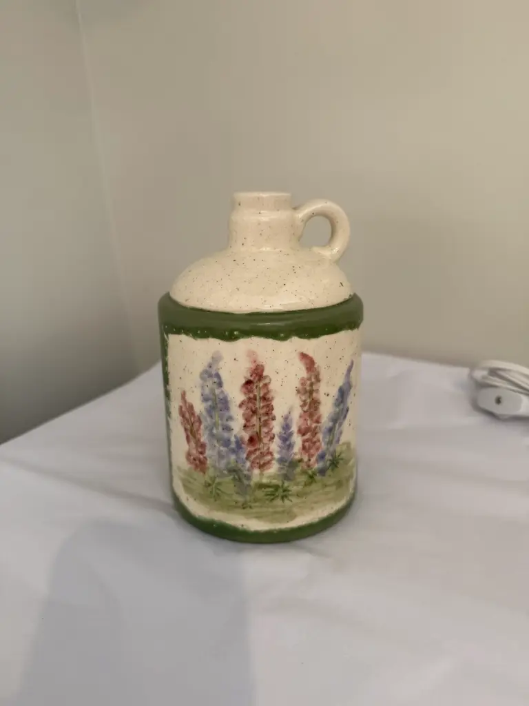 Ceramic Little Brown Jug w/painted Lupins