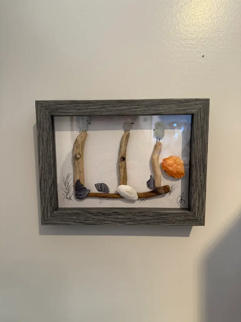 Framed Birds Atop Posts Sea Glass Picture  