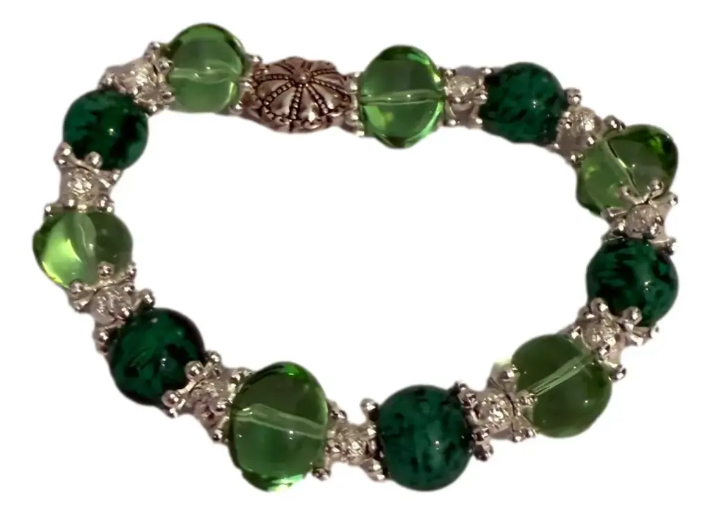 Green & Silver-tone Beaded Bracelet 