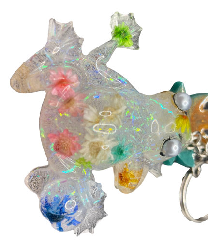 [1133341] Iridescent Frog with Flowers and Pearl Eyes Keychain