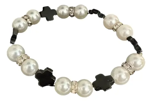 [JD120] White Faux Pearl & Black Cross Beaded Bracelet