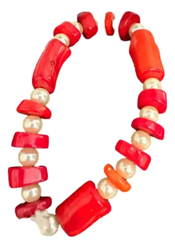 [JD126] Red Coral & White Pearls Beaded Bracelet