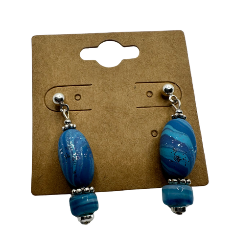 [JD140] Marbled Blue Beaded Drop Pierced Earrings