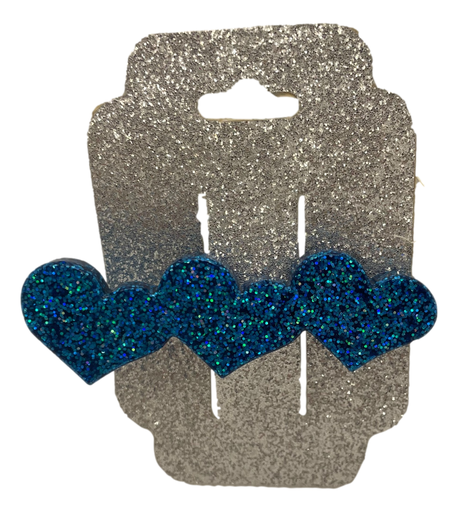 [890] Blue Glitter Hearts Hair Clip