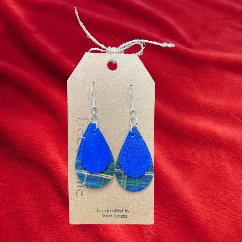 Leather Tartan Flat Double Tear-drop Drop Earrings