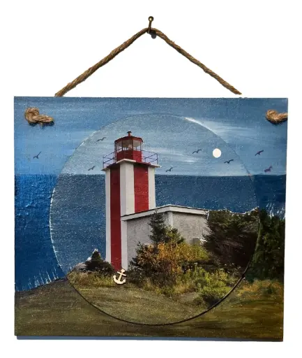 [J605] Handpainted Wooden Plaque "3D" Point Prim Lighthouse