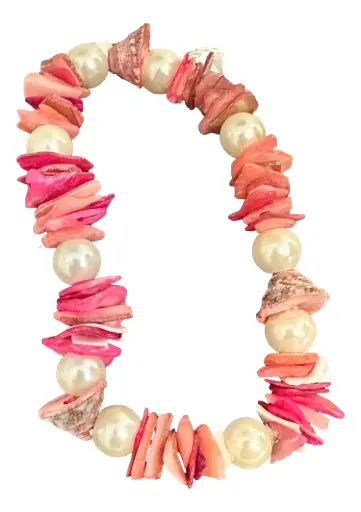 [JD167] Peach Pink Shell & Faux Pearl Beaded Bracelet