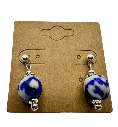 [JD142] Blue & White Bead Drop Pierced Earrings 