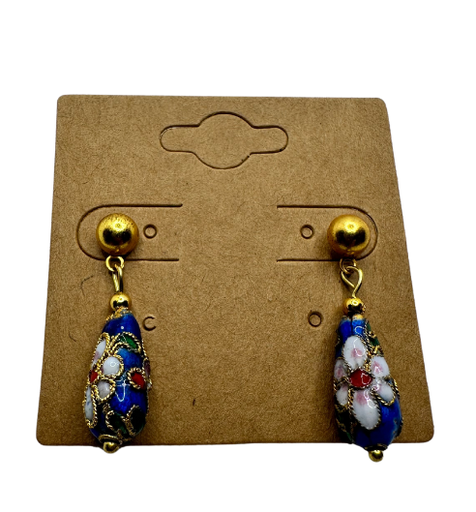 [JD147] Gold Tone Blue Drop Pierced Earrings with Intricate Detailing