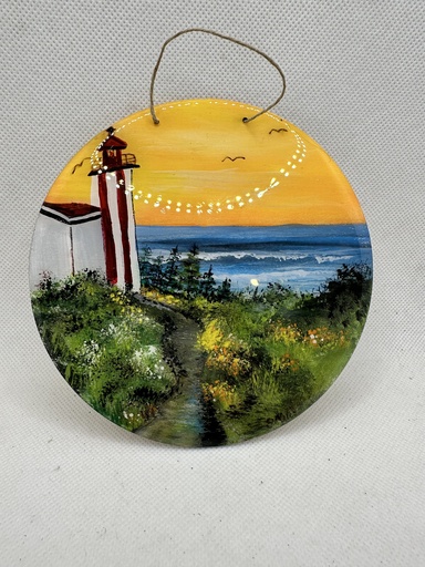[1913043] Hand Painted Wooden Disk - Point Prim Lighthouse