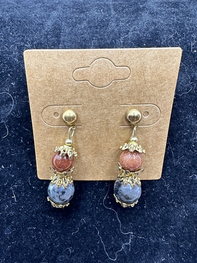 [JD200] Blue Ball & Sparkling Rust Ball Bead Drop Pierced Earrings 
