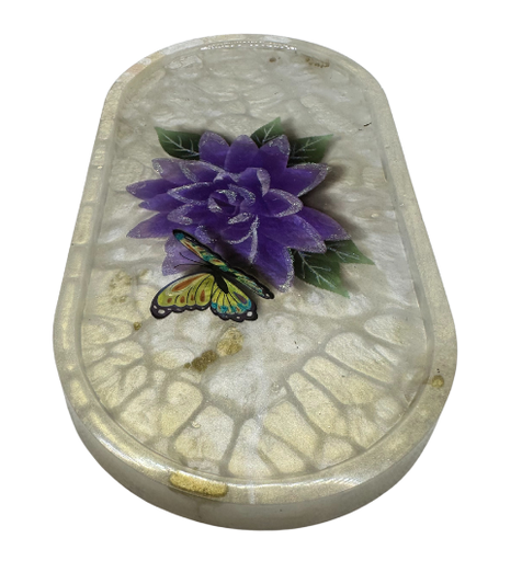 [7063] Stunning Cream Resin Trinket Tray with Gorgeous Flower & Butterfly