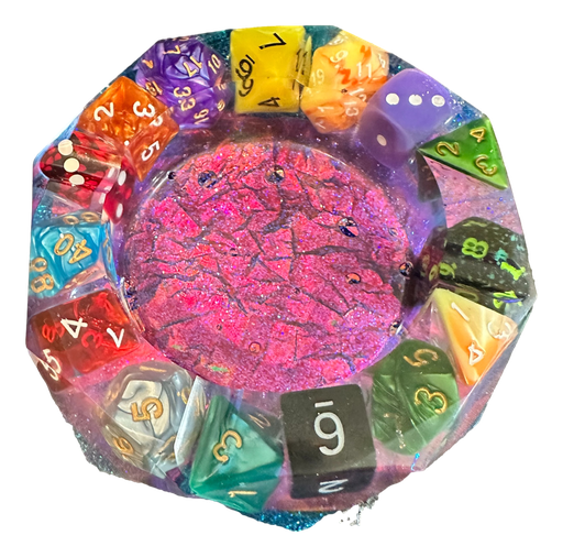 [1810315] Diamond-cut Resin Ashtray - Iridescent with Colourful Dice 