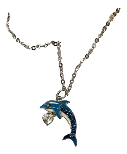[101097] Silver Tone 20" Chain with Blue Jewelled Dolphin