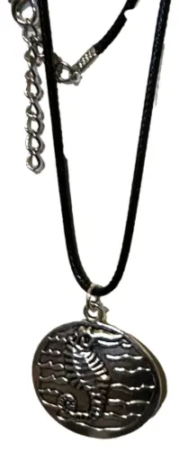 [1010103] Black Cord Seahorse Silver-tone Medallion Necklace