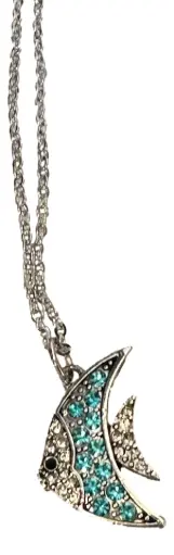 [1010122] Silver-tone 20" Chain Blue Jewelled Fish Charm