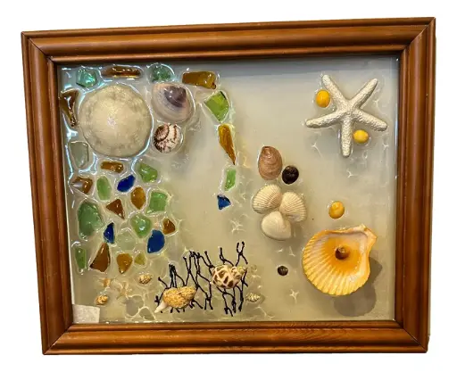 [11713] Sand Dollar, Shells & Beach Glass Glass Art 8" x 10"