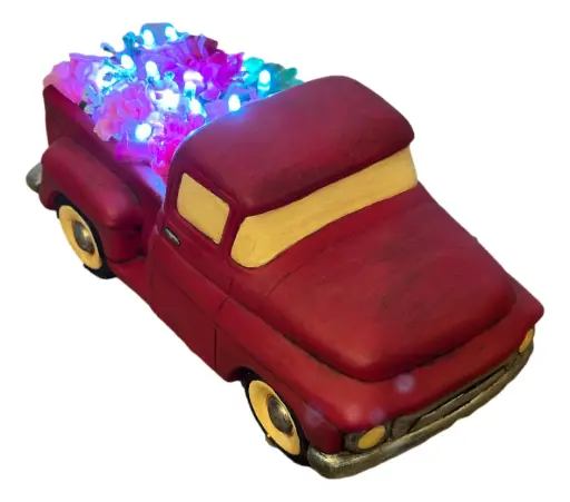 [223077] Ceramic Red Pickup Truck with Lights & Flowers