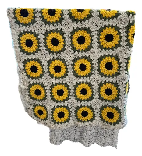 [3104] Sunflower Crochet Afghan - 38" x 60"  With Pillow