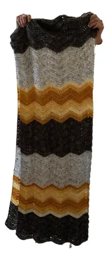 [3108] Grey & Gold Zig Zag Crochet Afghan - 37" x 50"