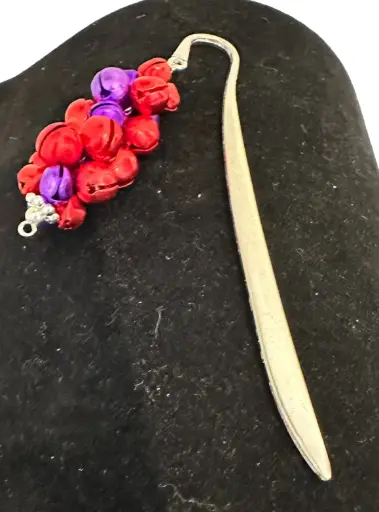 [181] Silver-tone Bookmark with Red & Purple Bell Cluster
